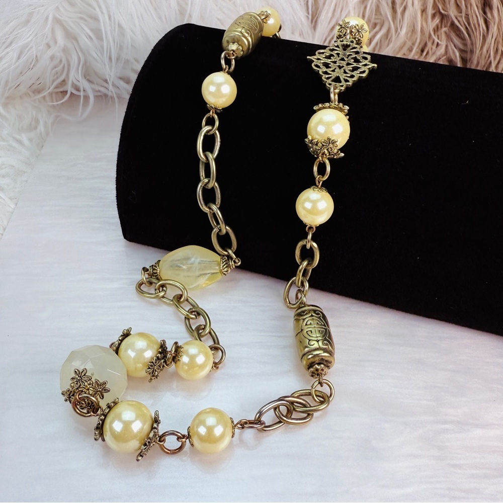 Gorgeous, vintage, long brass tone, faux pearl, costume necklace